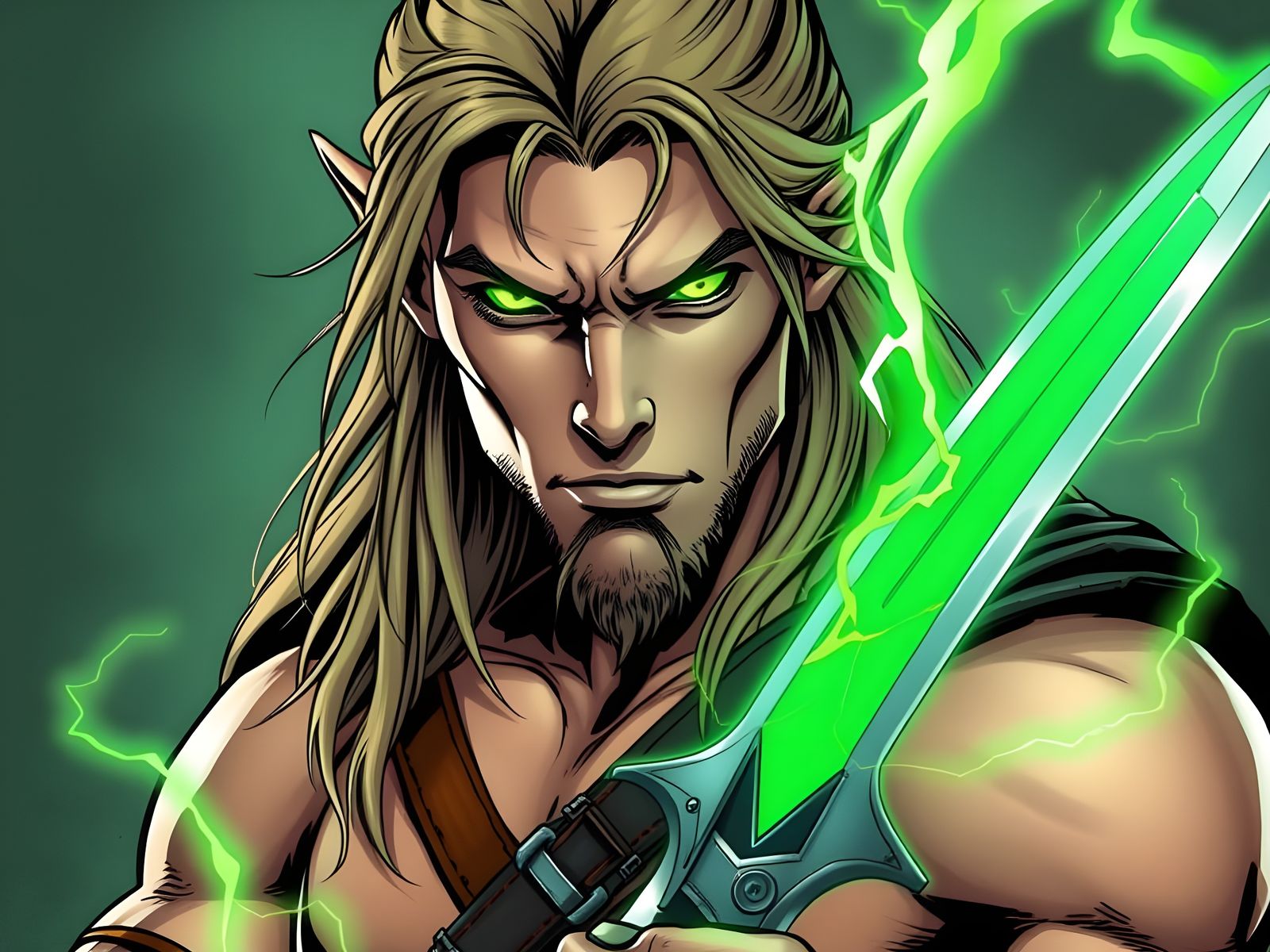 Glowing Green-Eyed Elf Warrior Close-Up