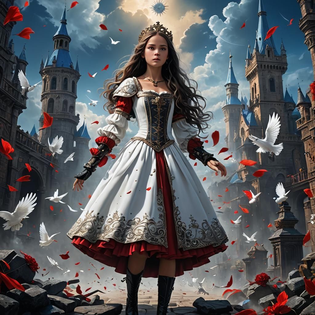 Young Queen in Red Cape Against Blue Sky
