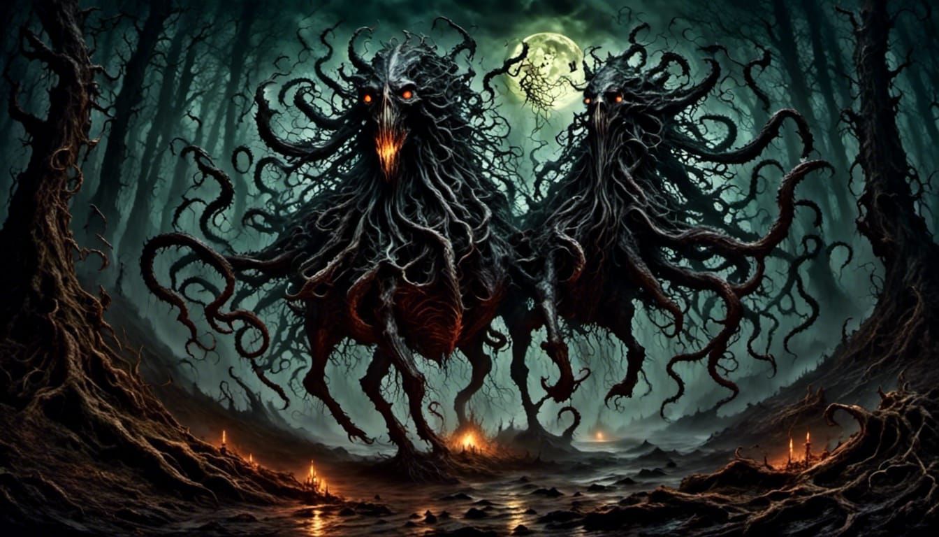 Headless Horseman in Eldritch Forest at Midnight