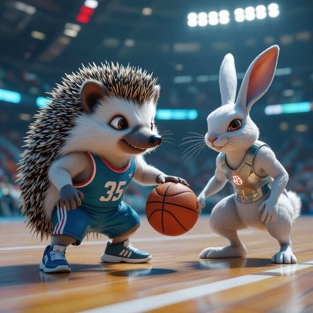 Hedgehog Dribbling Past Rabbit in Futuristic Stadium