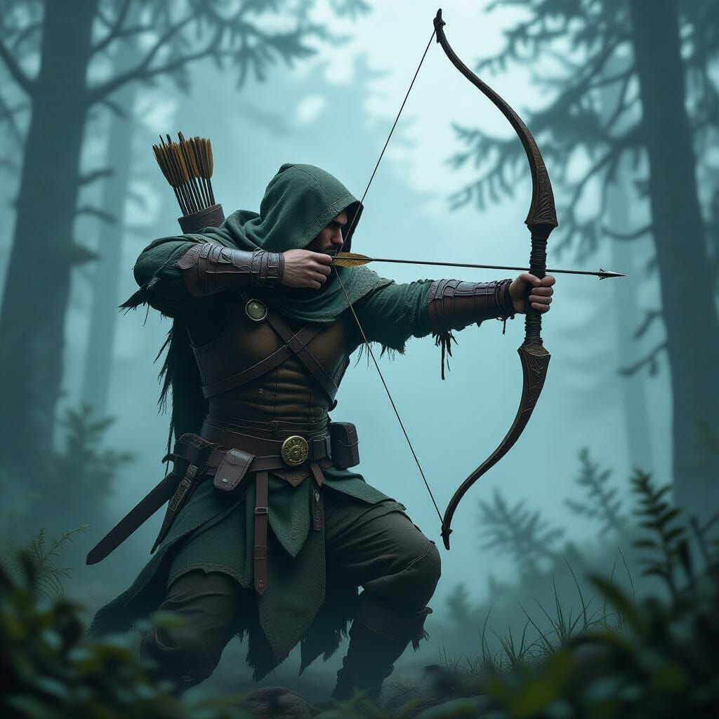 Mysterious Ranger in Misty Forest, Art Illustration