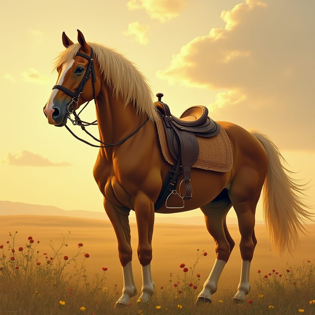 Majestic Horse in Golden Landscape, Impressionist Style