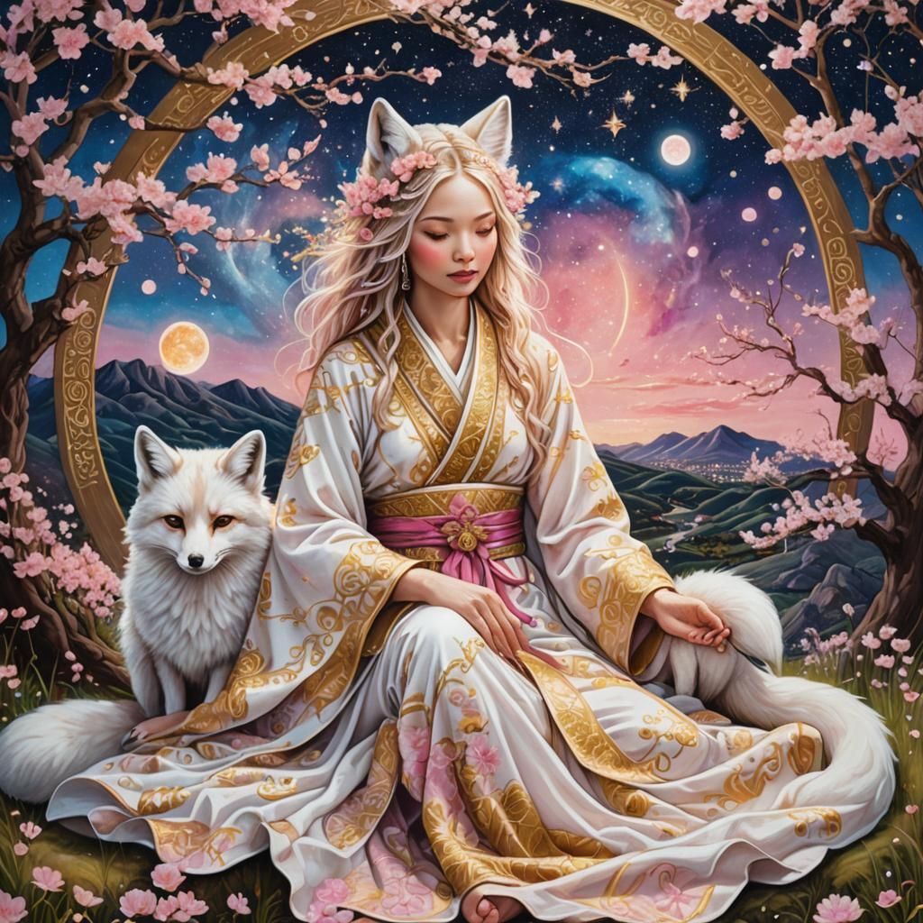 Fairy and Fox in Cosmic Cherry Blossom Garden