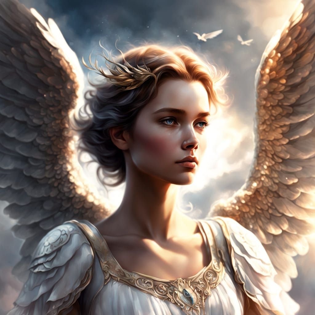 Ethereal Female Angel in Golden Hour Clouds
