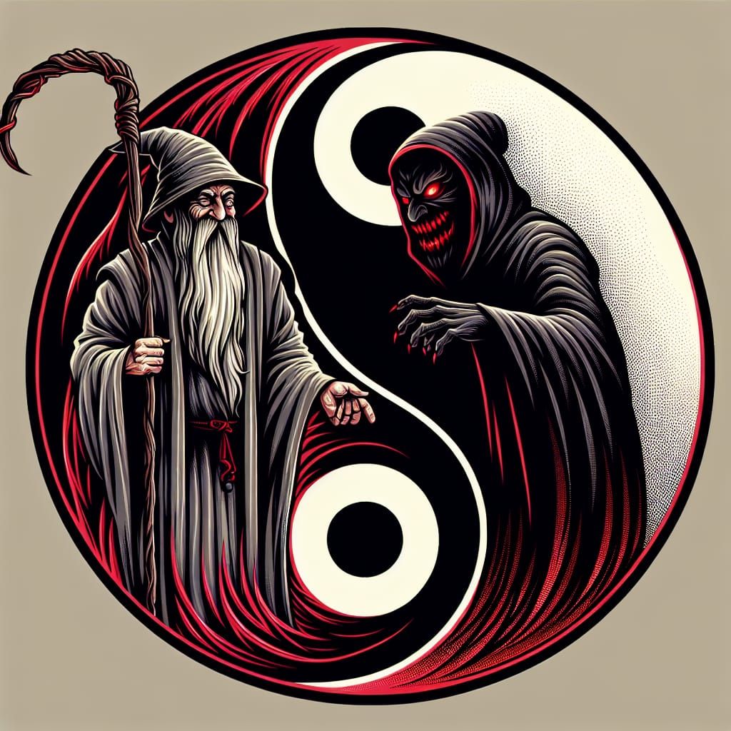Wizard and Dark Figure in Yin Yang Balance