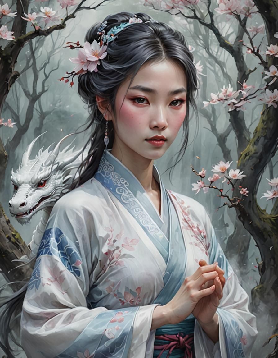 White Dragon Maiden Concept Art in Watercolor Style