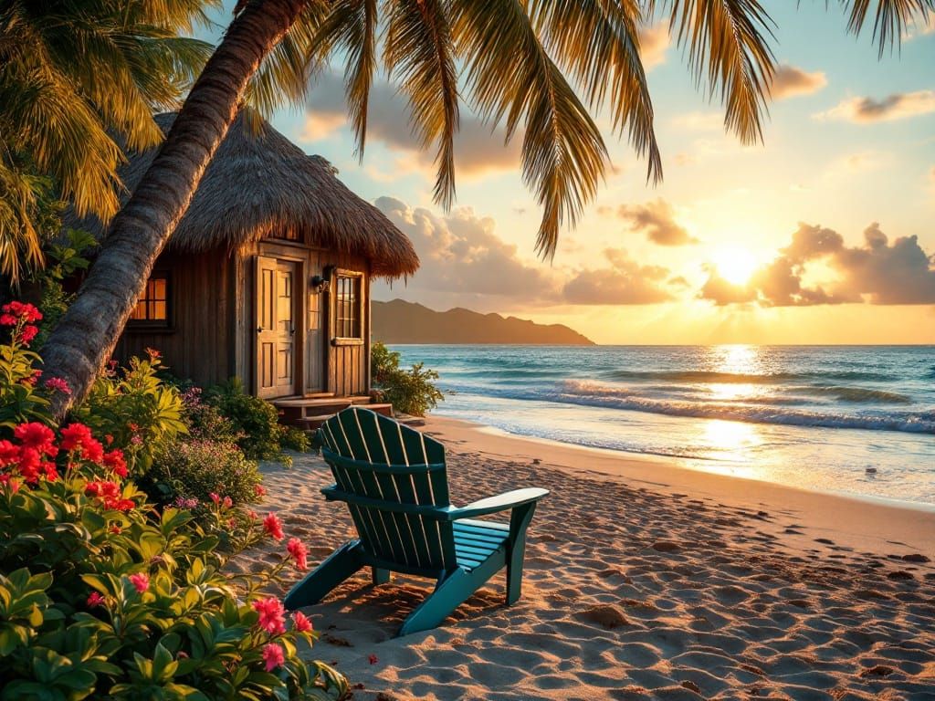 Peaceful Tropical Cottage at Golden Hour with Adirondack Cha...