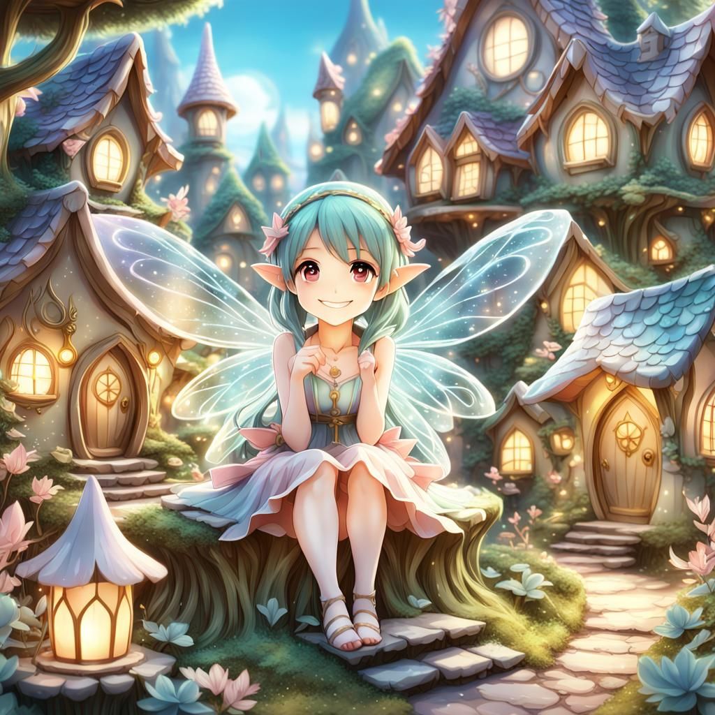 Adorable Anime Fairy in Magic Pop-Up Village