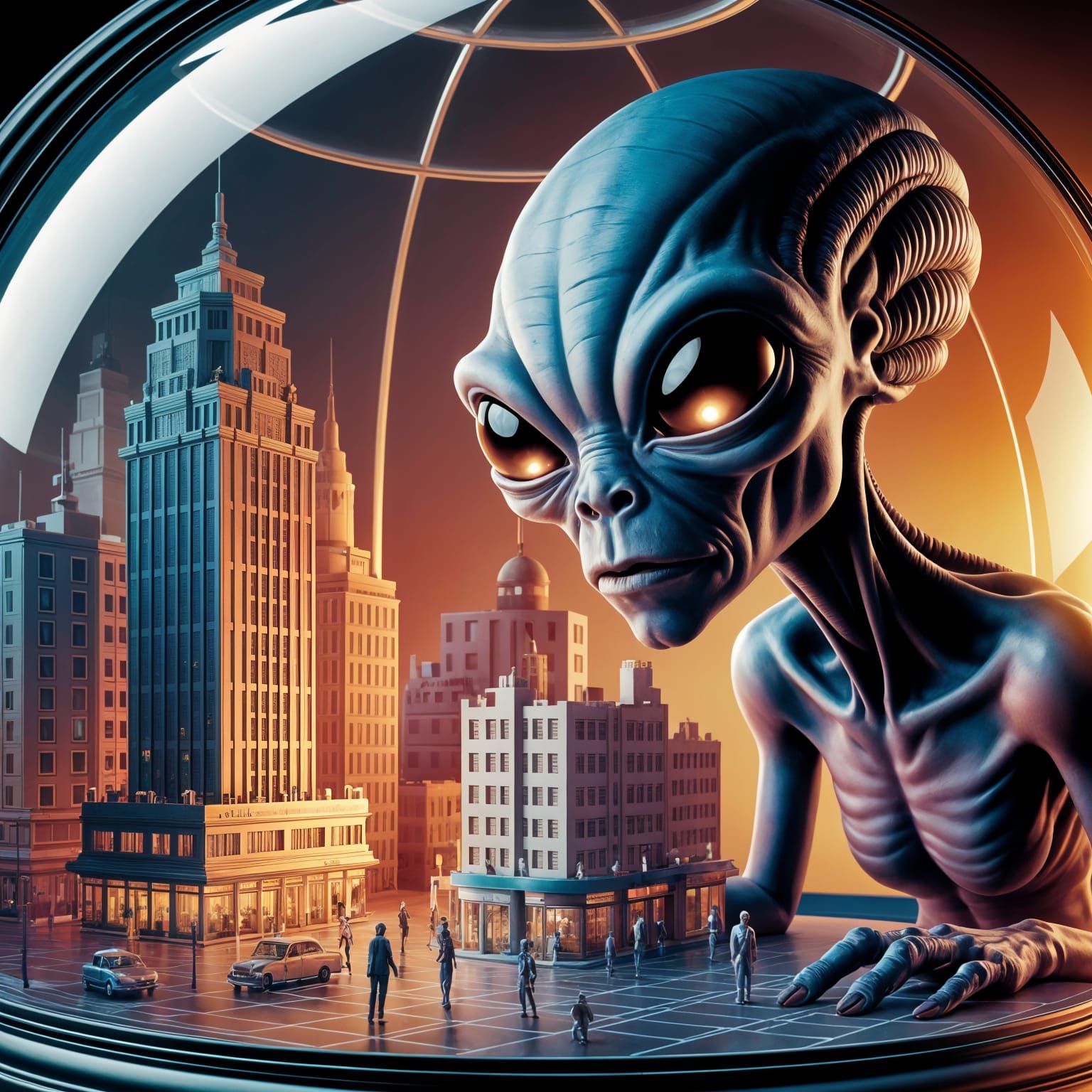 Alien Peers into Retro-Futuristic Cityscape Terrarium