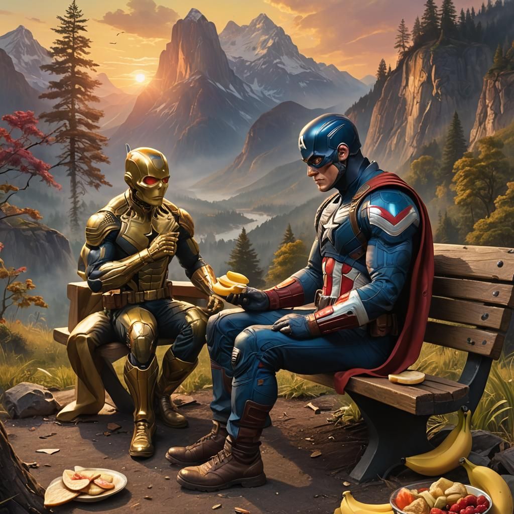 Alien and Captain America Picnic: Oil Painting