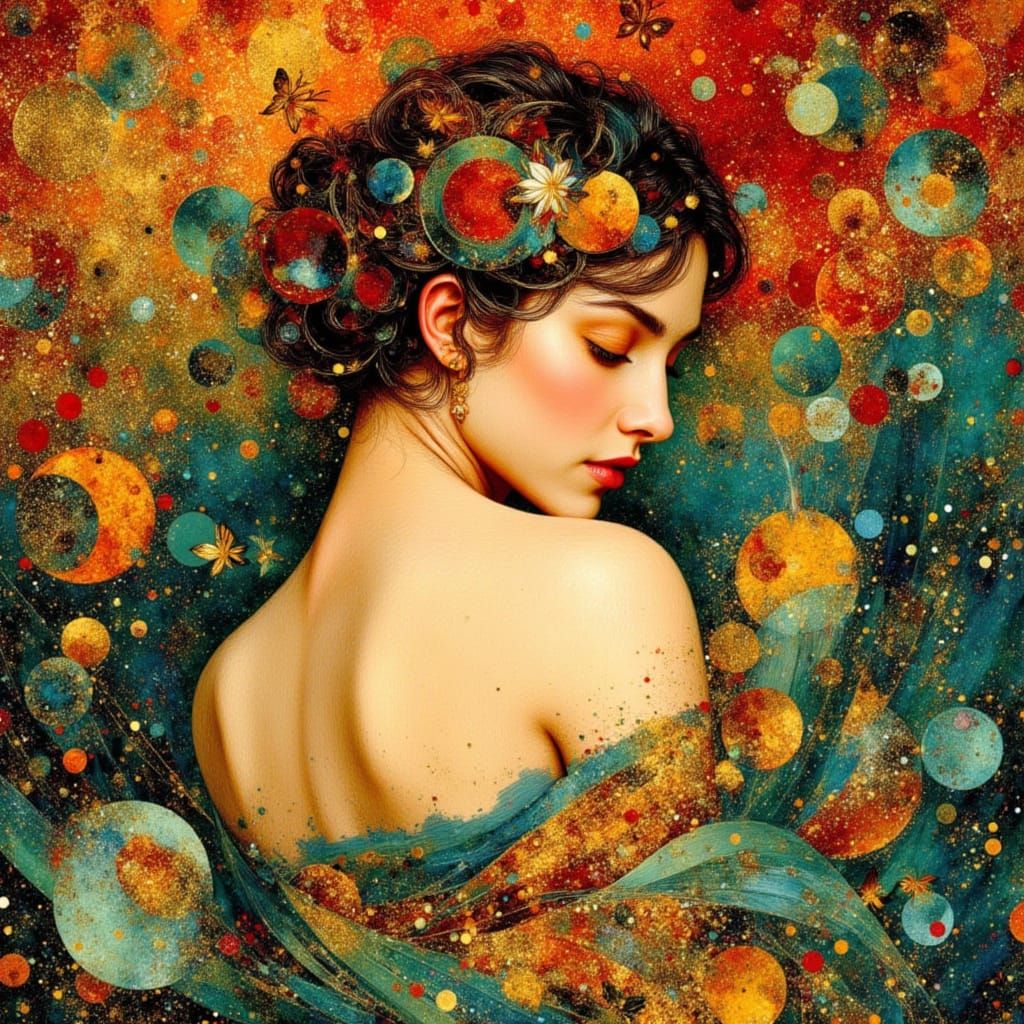 Ocean Goddess in Klimt Style with Gold, Teal, and Crimson