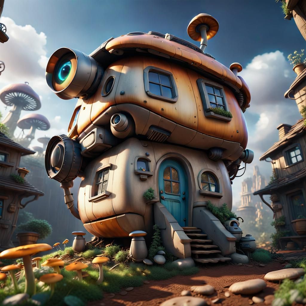 Mushroom House in Wall-E Style, Hyperrealistic 8K