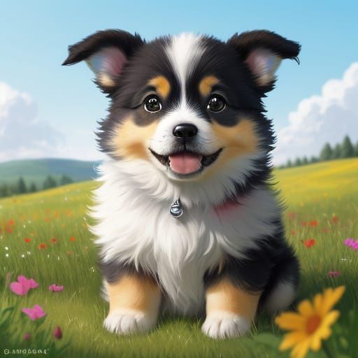 Adorable Fluffy Puppy in Sunny Wildflower Meadow