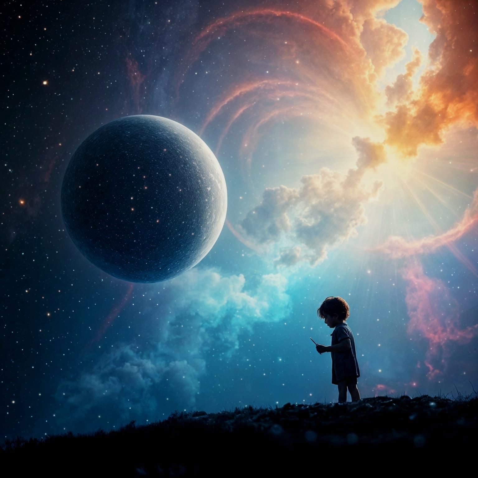 Majestic Nebula Scene with Child