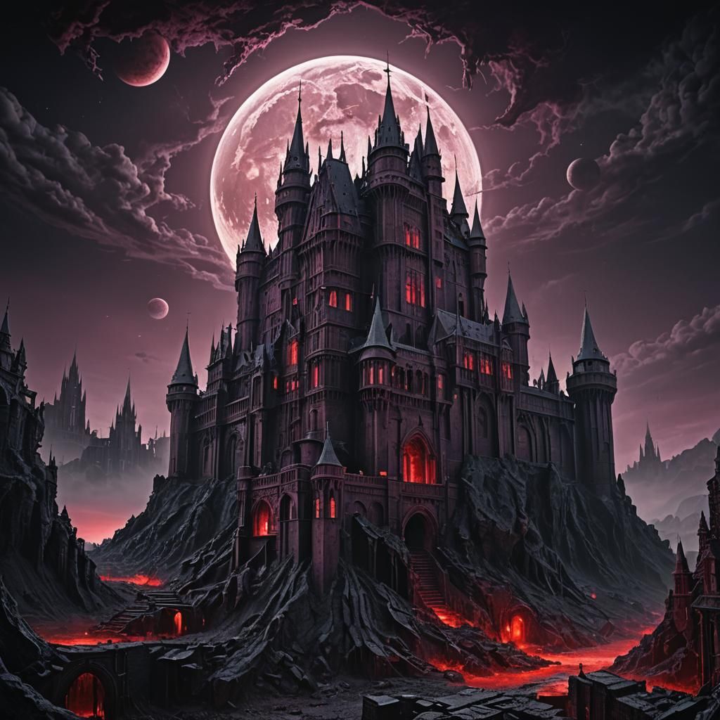 Gothic Castle Under Giant Blood Moon in Digital Painting