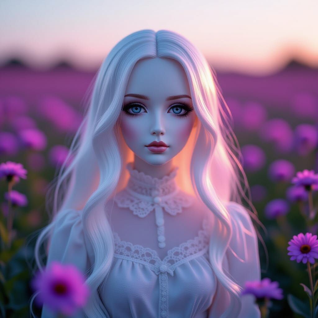 Eerie Porcelain Doll in Violet Flower Field