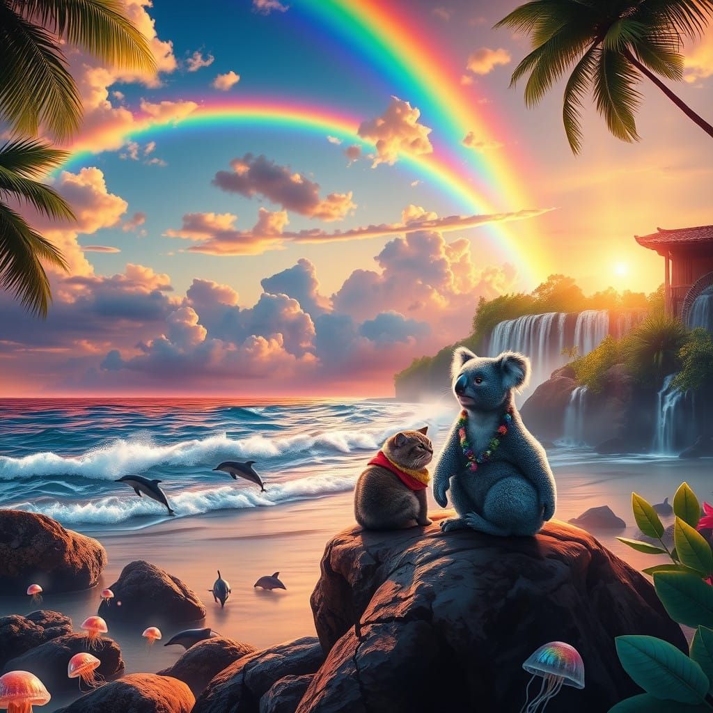 Surreal Sunset with Whimsical Beach Scene in Vibrant Colors