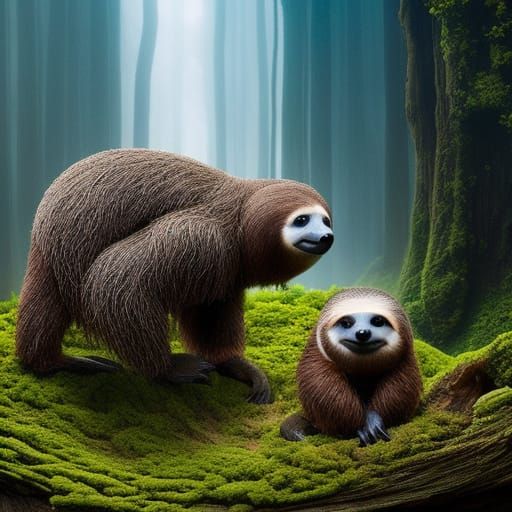Sloth Family in Mycelium Network, Magic Realism