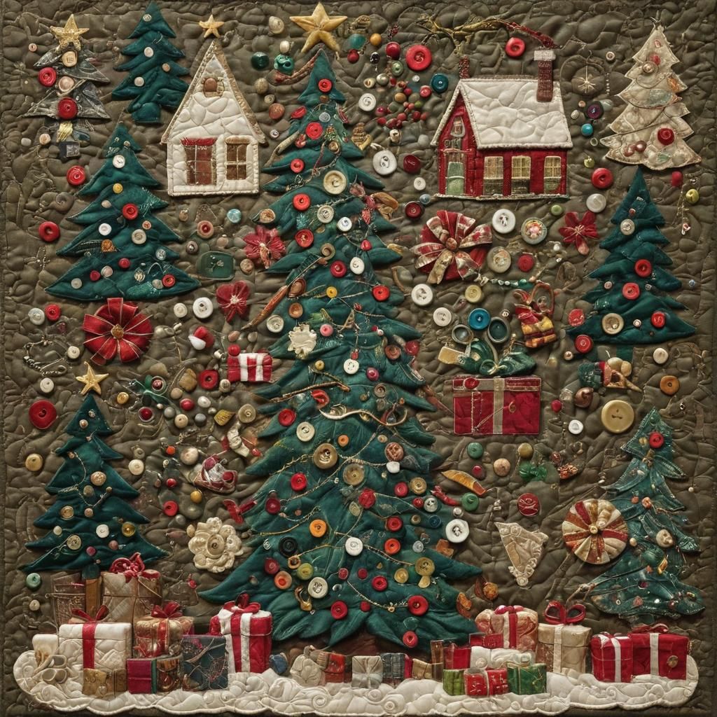 Quilted Christmas Scene with Buttons and Gifts