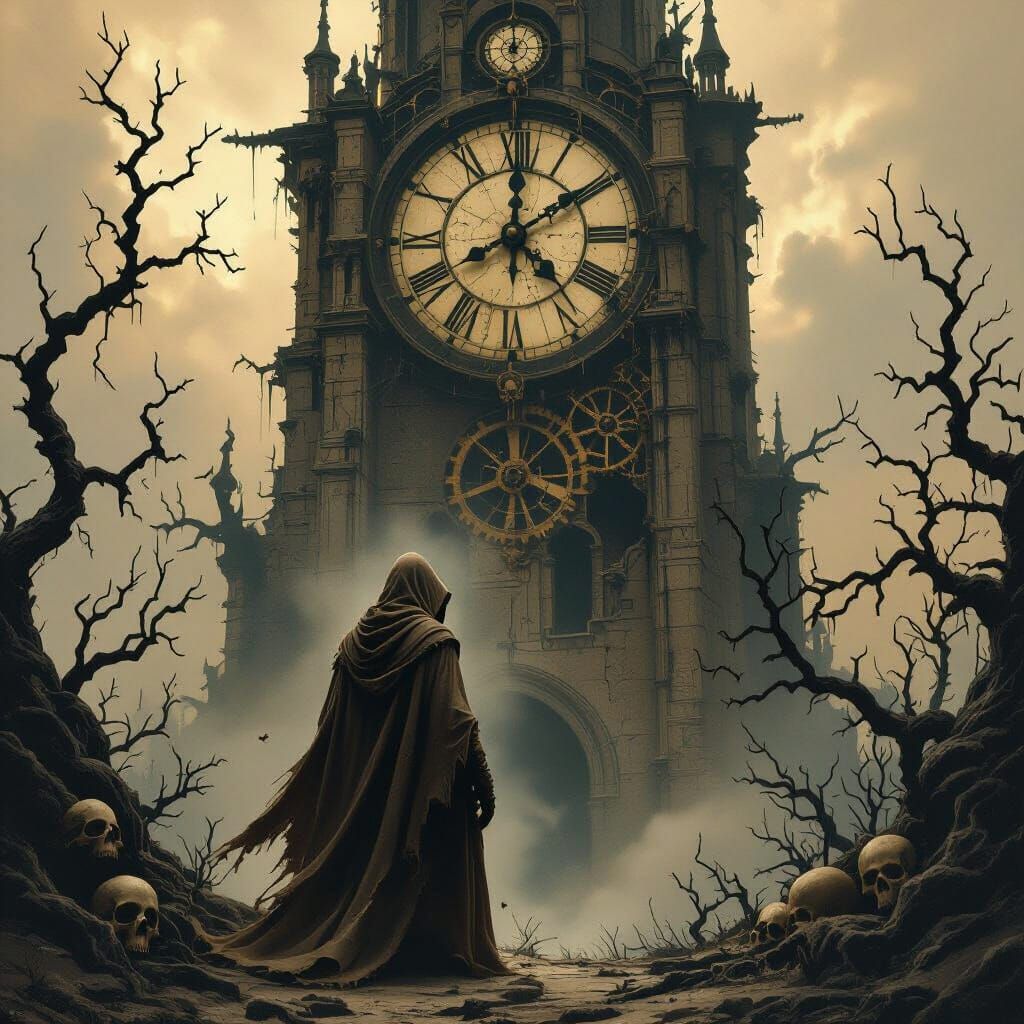 Dark Fantasy Clock Tower with Hooded Figure