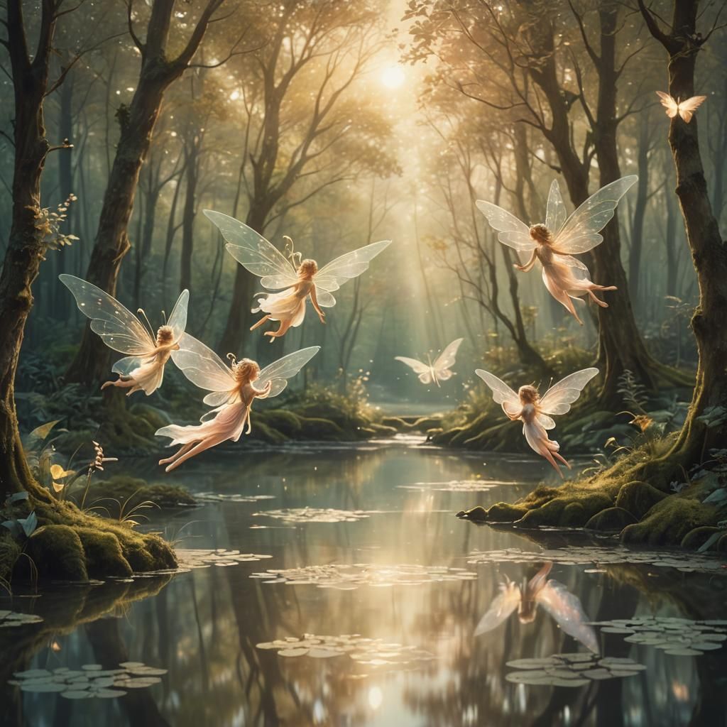 Fairies Flying Over Forest Pond: Ethereal Fantasy Art