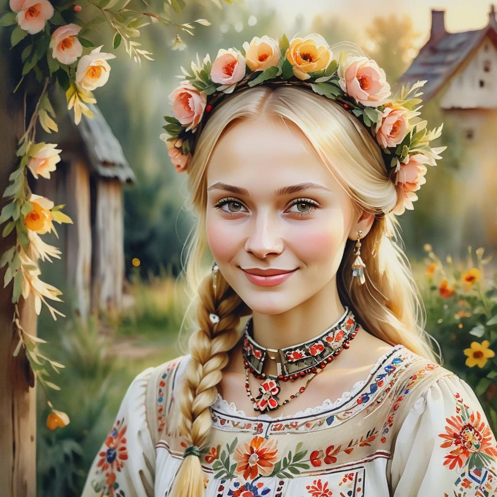 Slavic Beauty in Rustic Garden: Folk Art Portrait