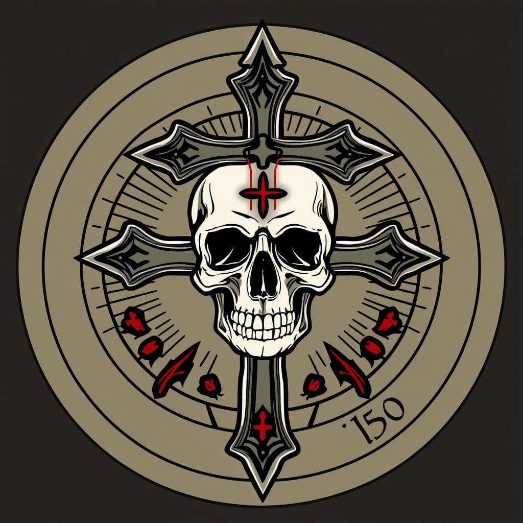 Orthodox Cross and Skull Emblem in Tattoo Style