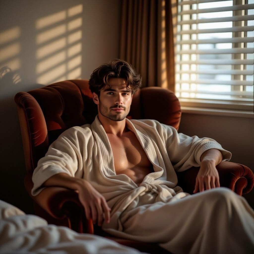 Man in Velvet Armchair with Striped Shadows
