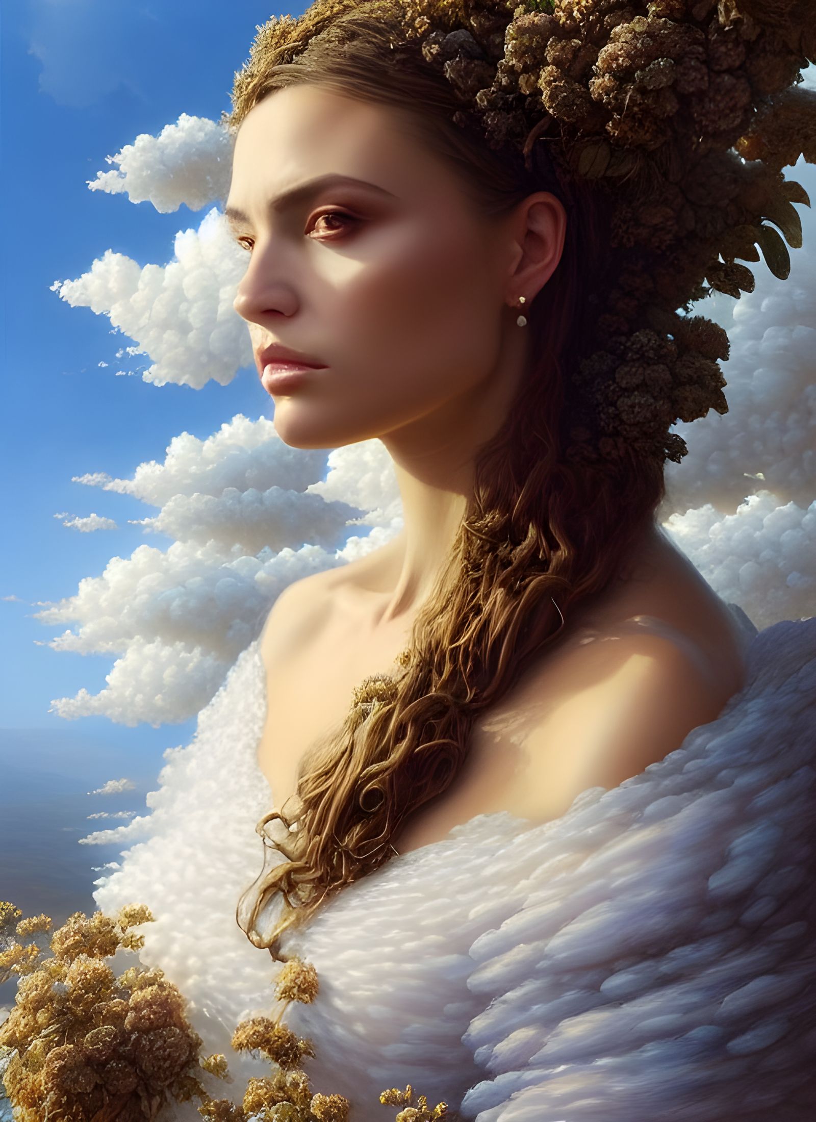 Woman in Cloud Dress: Hyperrealistic Fantasy Art