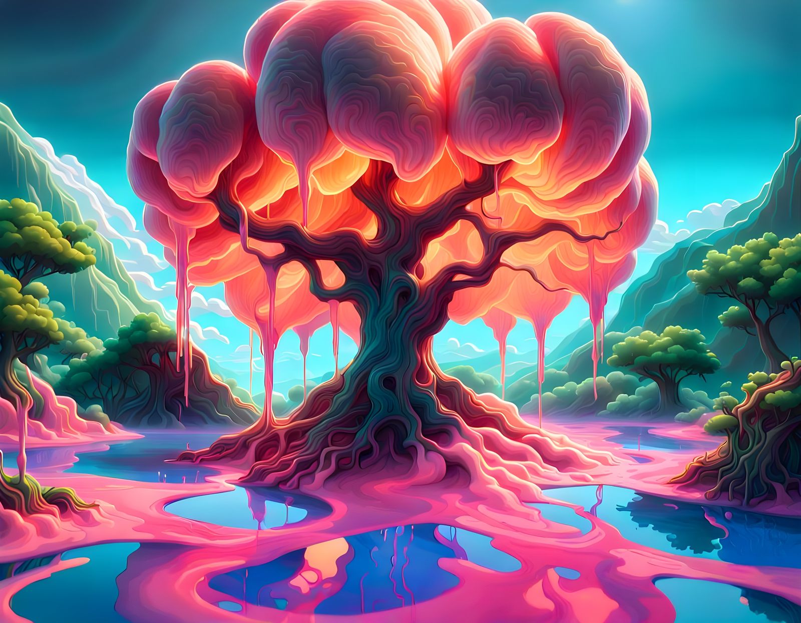 Surreal Peach Tree in Gooey Fluorescent Landscape