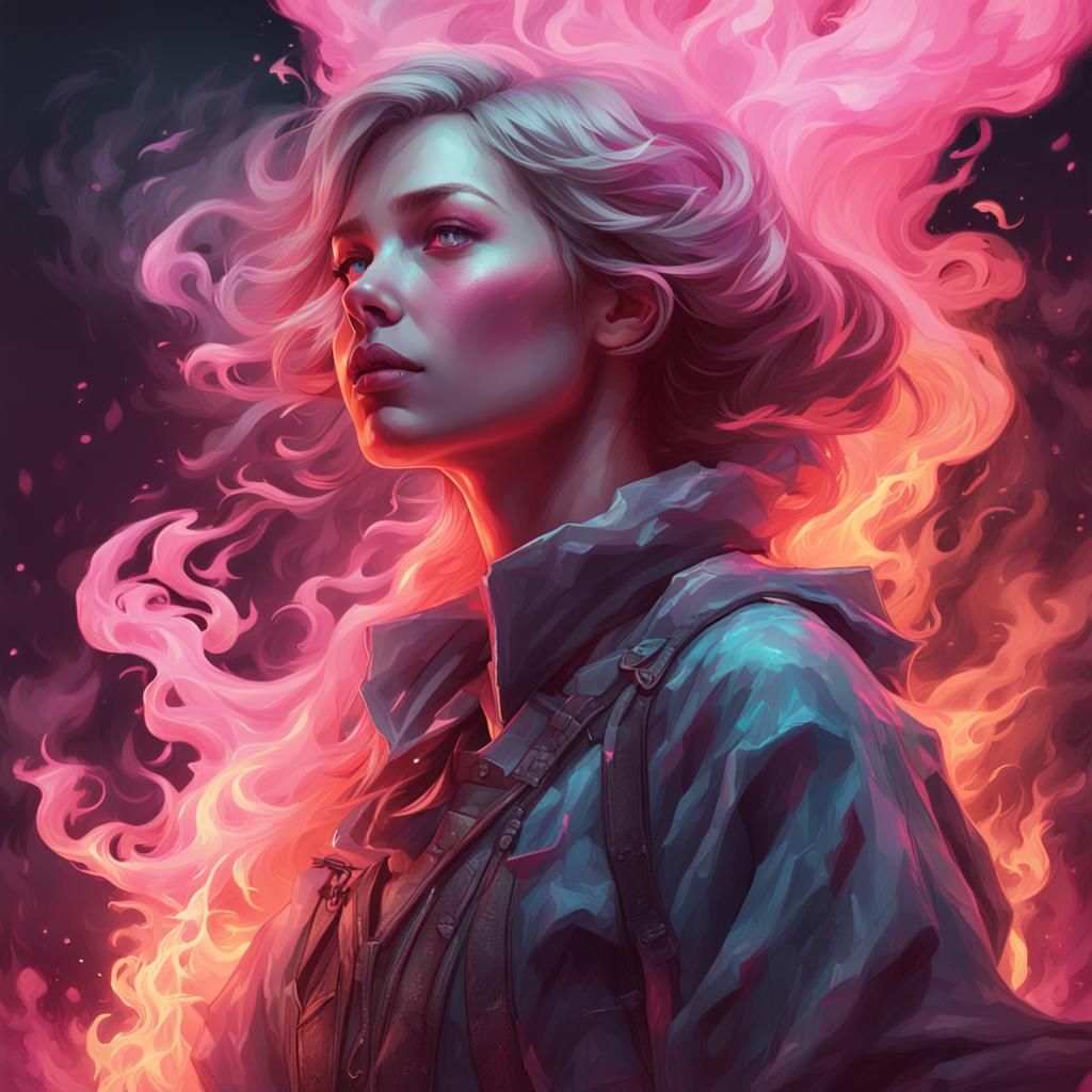 Smokey Girl Surrounded by Pink Flames: Digital Portrait