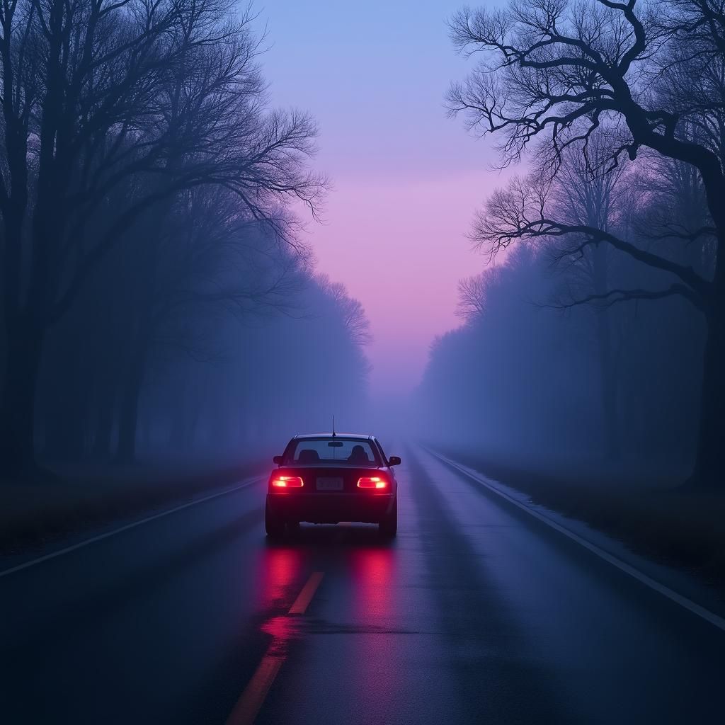 Solitary Car Drives Down Empty Highway at Dusk