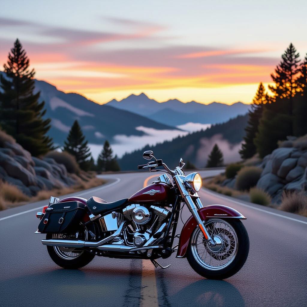 Classic Motorcycle on Mountain Road at Sunrise