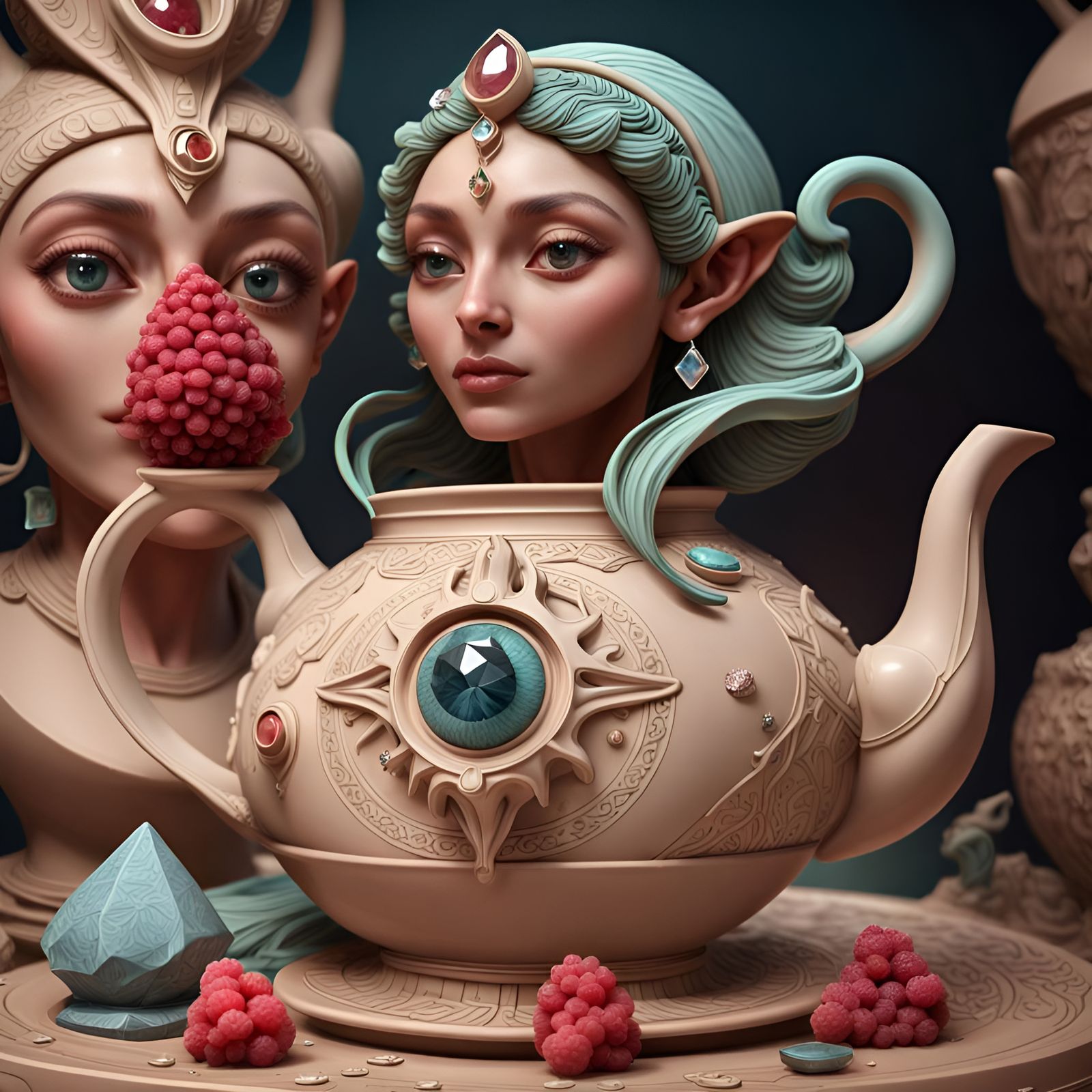 Whimsical Alien Teapot with Crystals, Digital Art