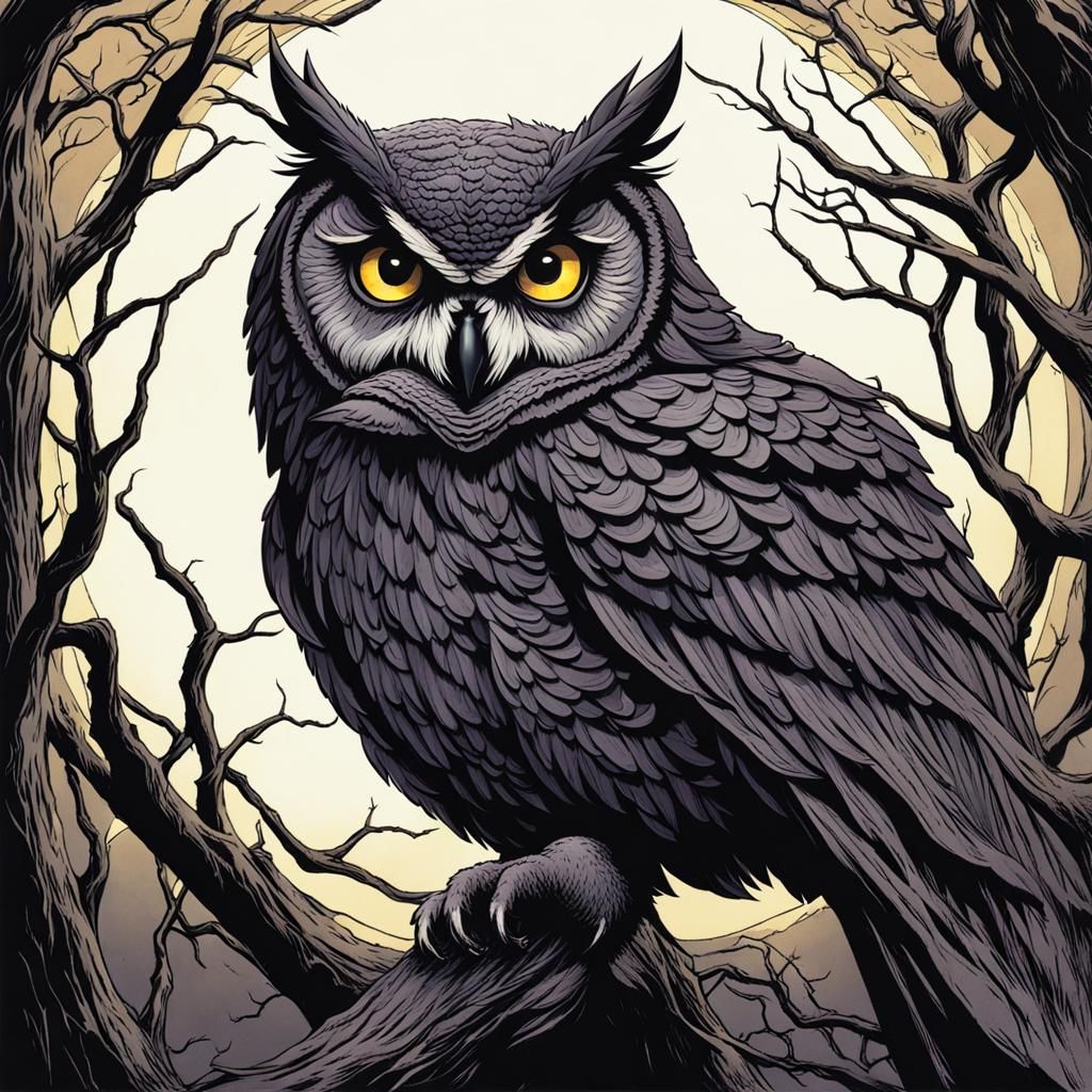 Ominous Owl at Twilight in Comic Art Style