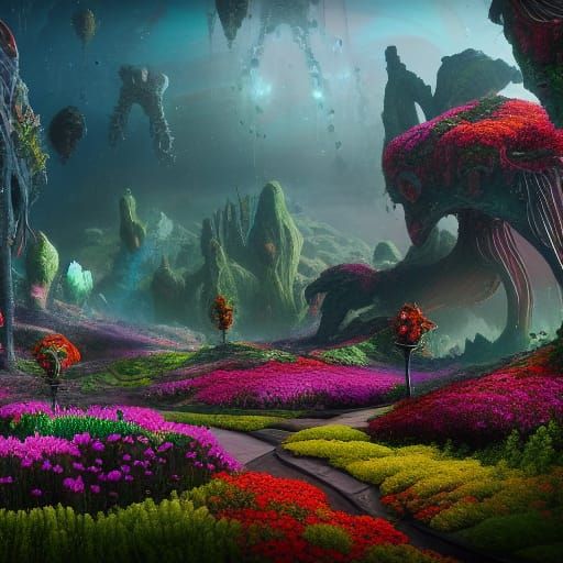 Fantastical Alien Flower Garden in Detailed Matte Painting