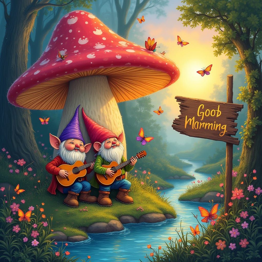 Gnome Couple Living in Bioluminescent Mushroom at Sunrise