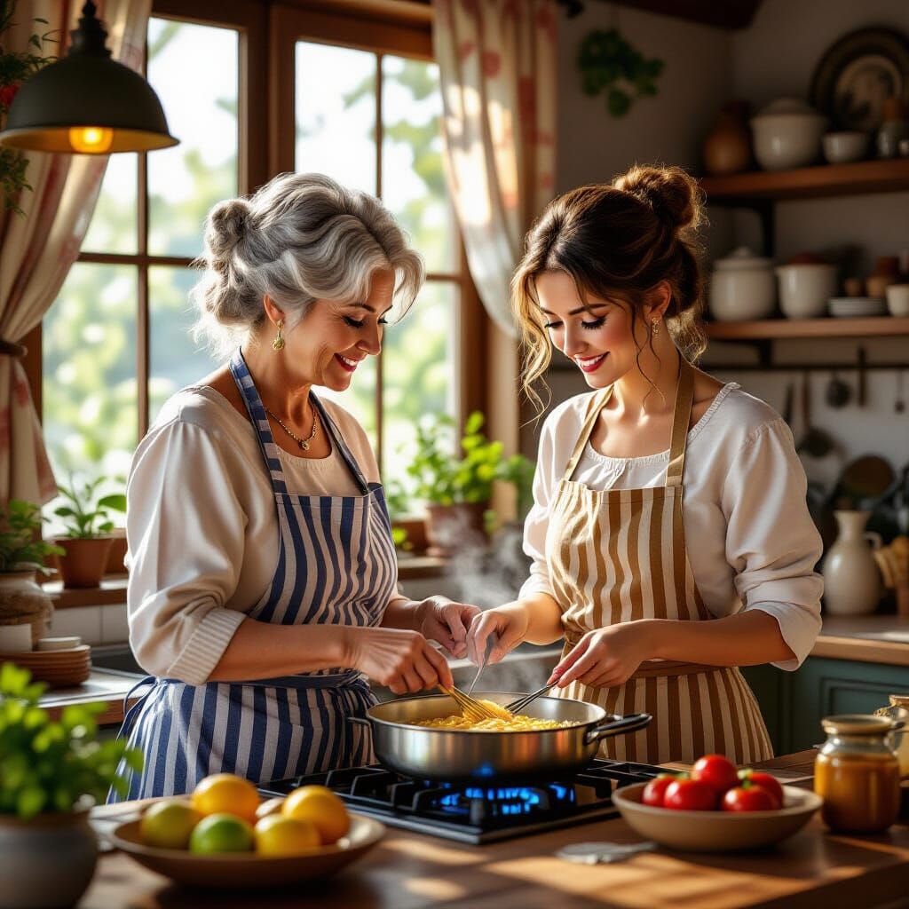 Woman Teaches Cooking in Detailed Matte Painting Style