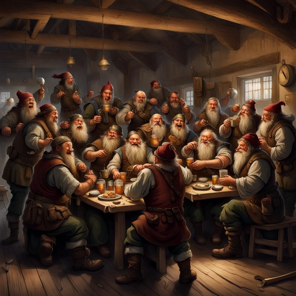 Dwarven Celebration in Mess Hall, Fairytale Illustration