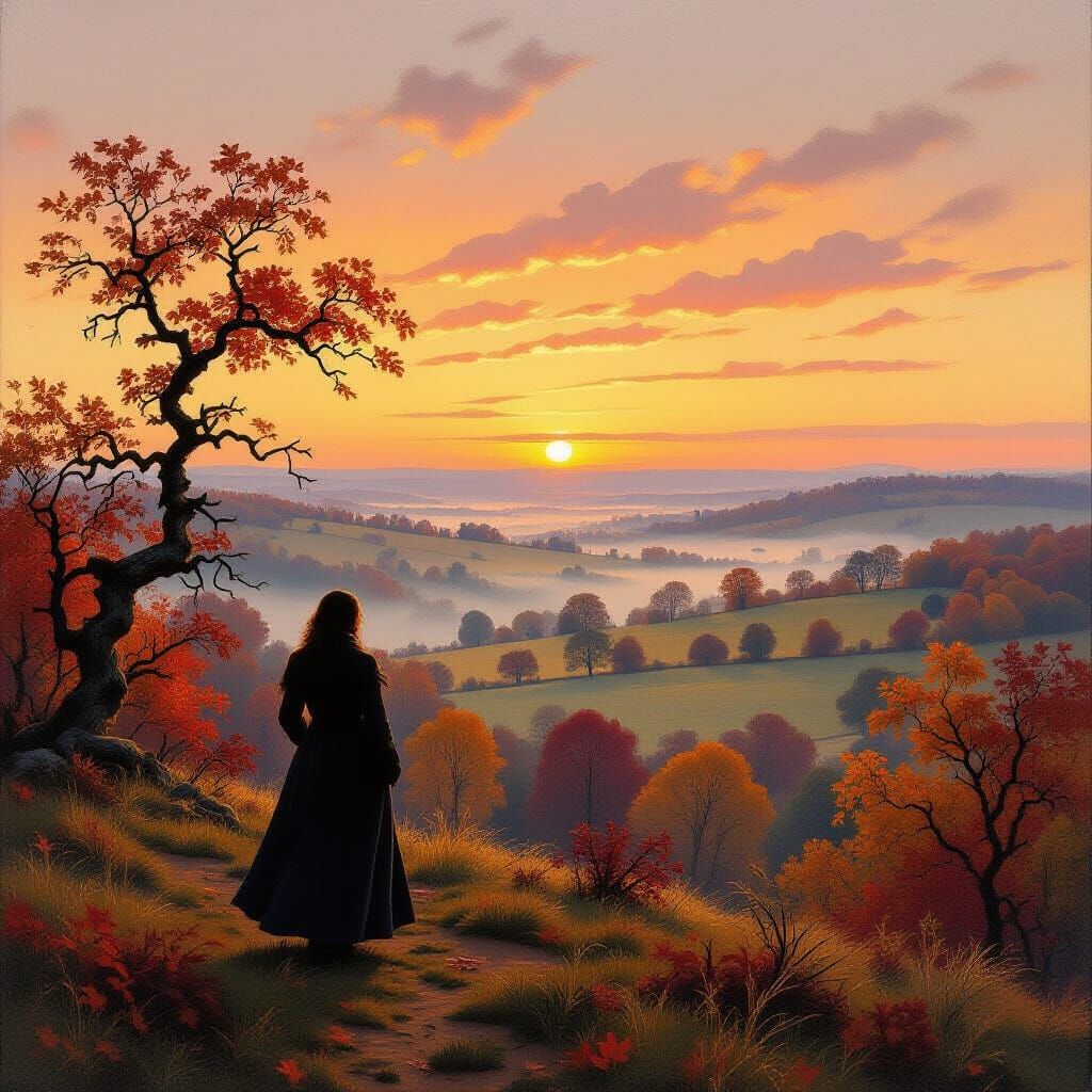 Autumnal Vista with Woman, Impasto Oil Painting