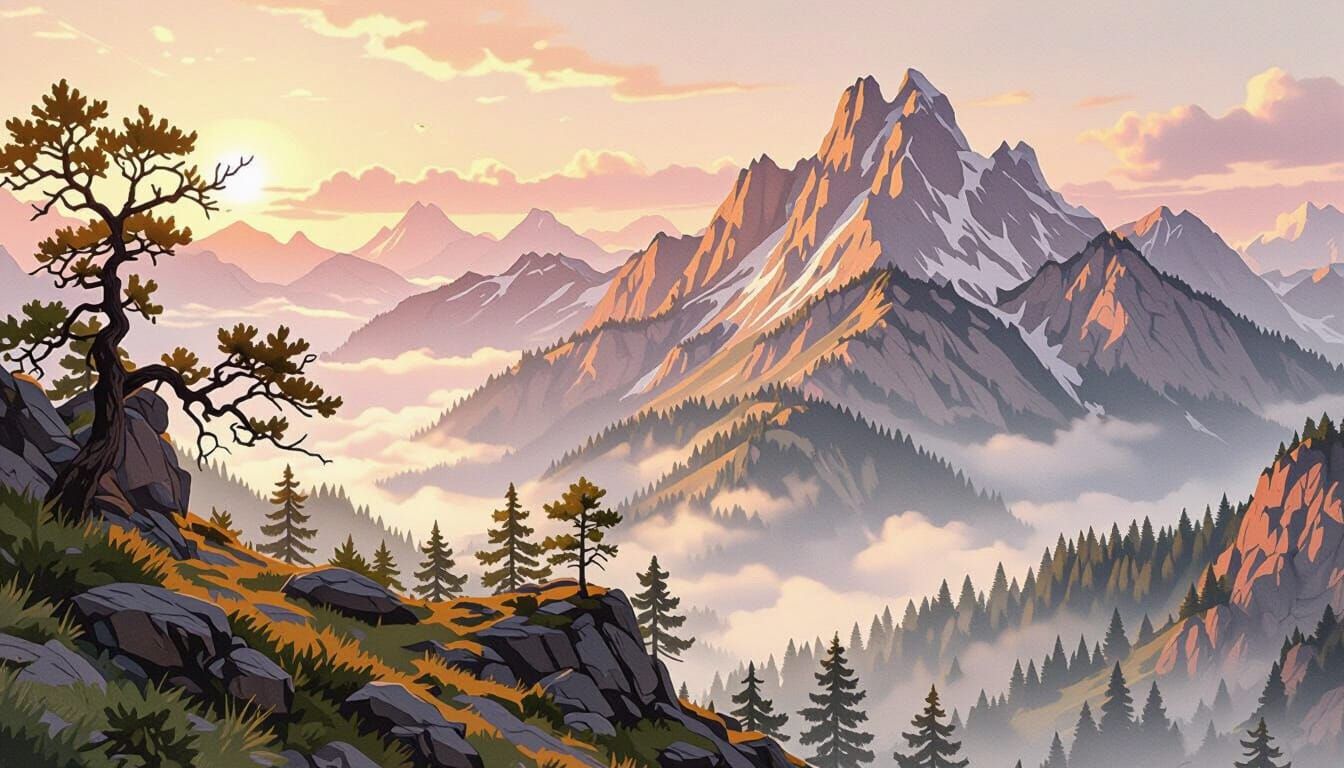 Majestic Mountain Range at Dawn in Watercolor Matte Painting...