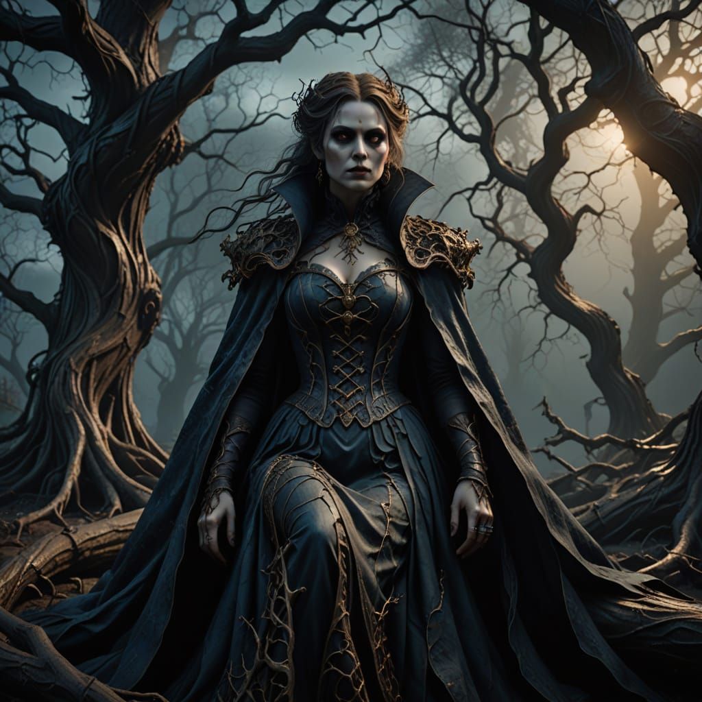 Ethereal Vampire Goddess Sits Among Twisted Roots