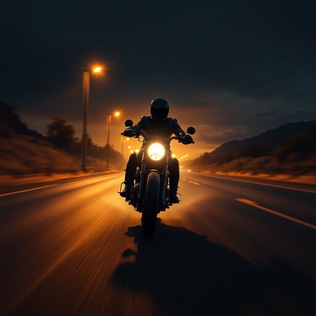 Motorcycle Rider on Deserted Highway at Night