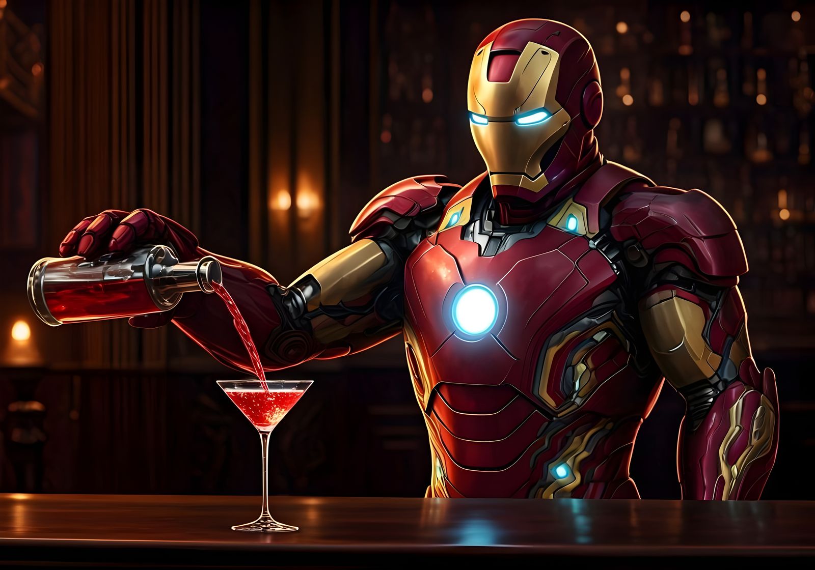 Iron Man Bartender Pours Cocktail in Speakeasy