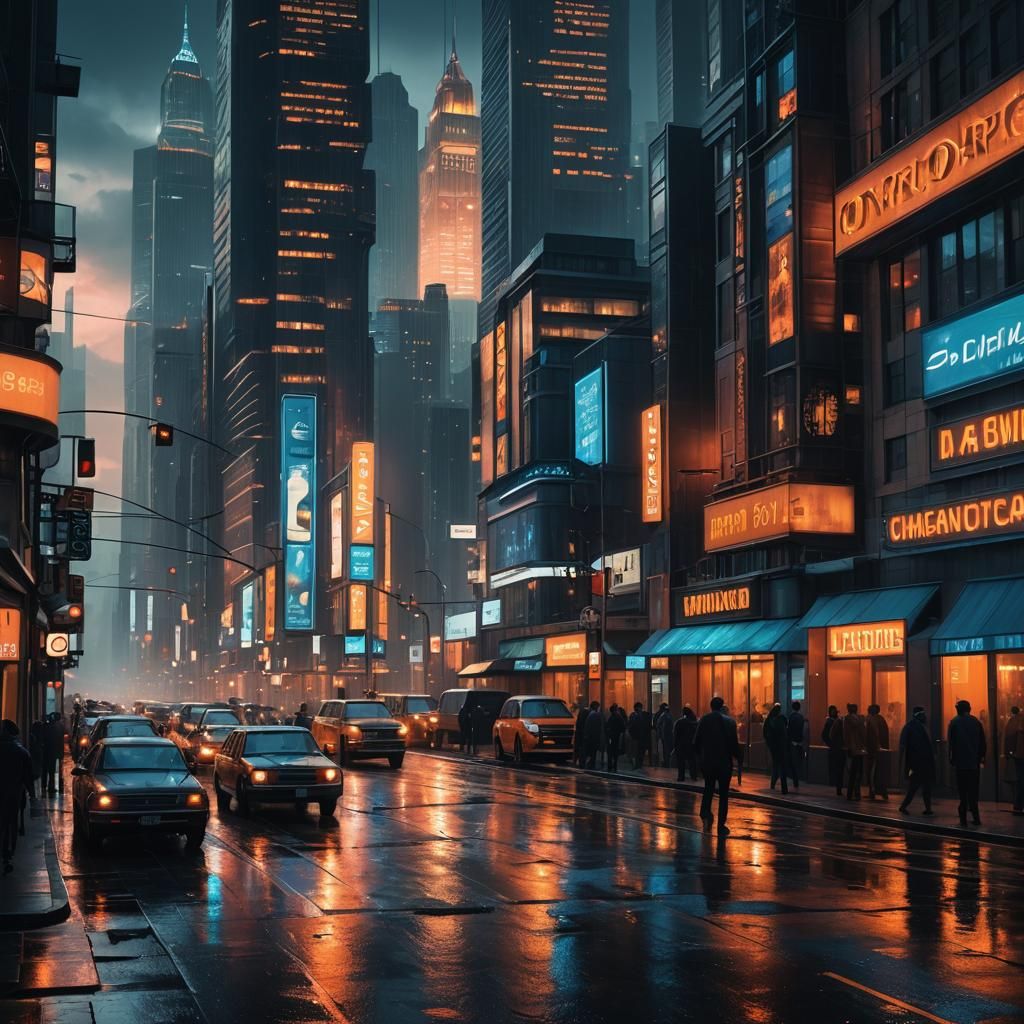 Futuristic Lowry-Style Cityscape with Flying Cars