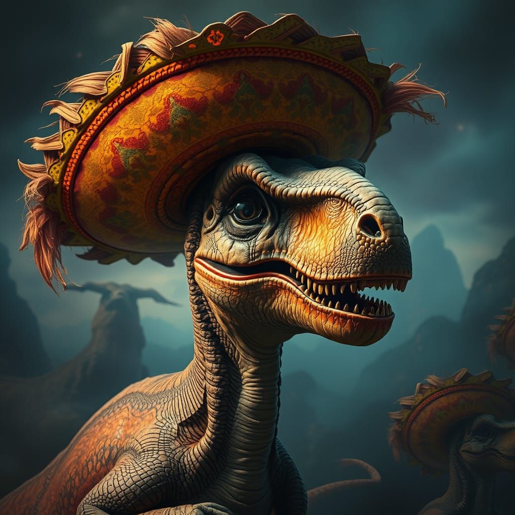 Dinosaur in Sombrero in Giger-esque Landscape