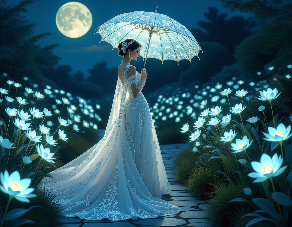 Woman with Jeweled Umbrella in Ethereal Moonlit Garden