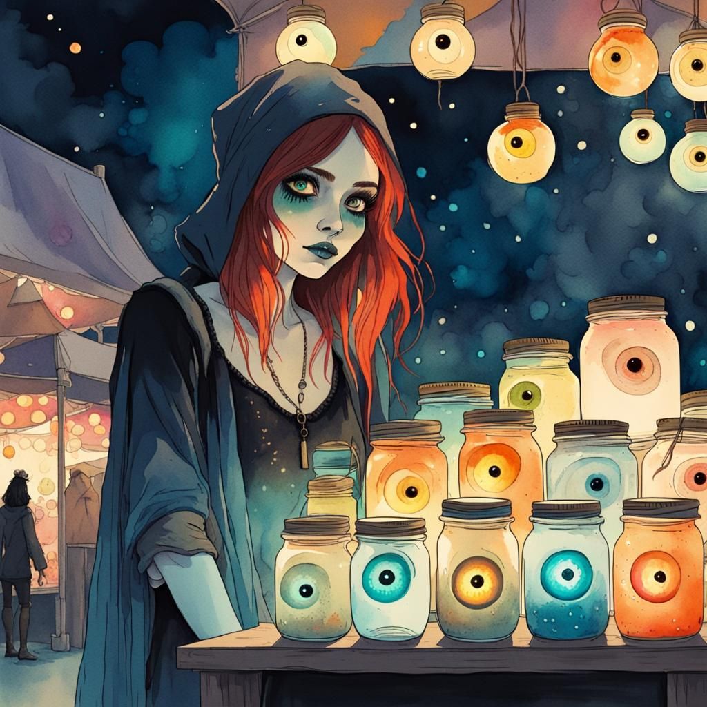 Bohemian Witch Selling Glowing Eyeballs as Watercolor