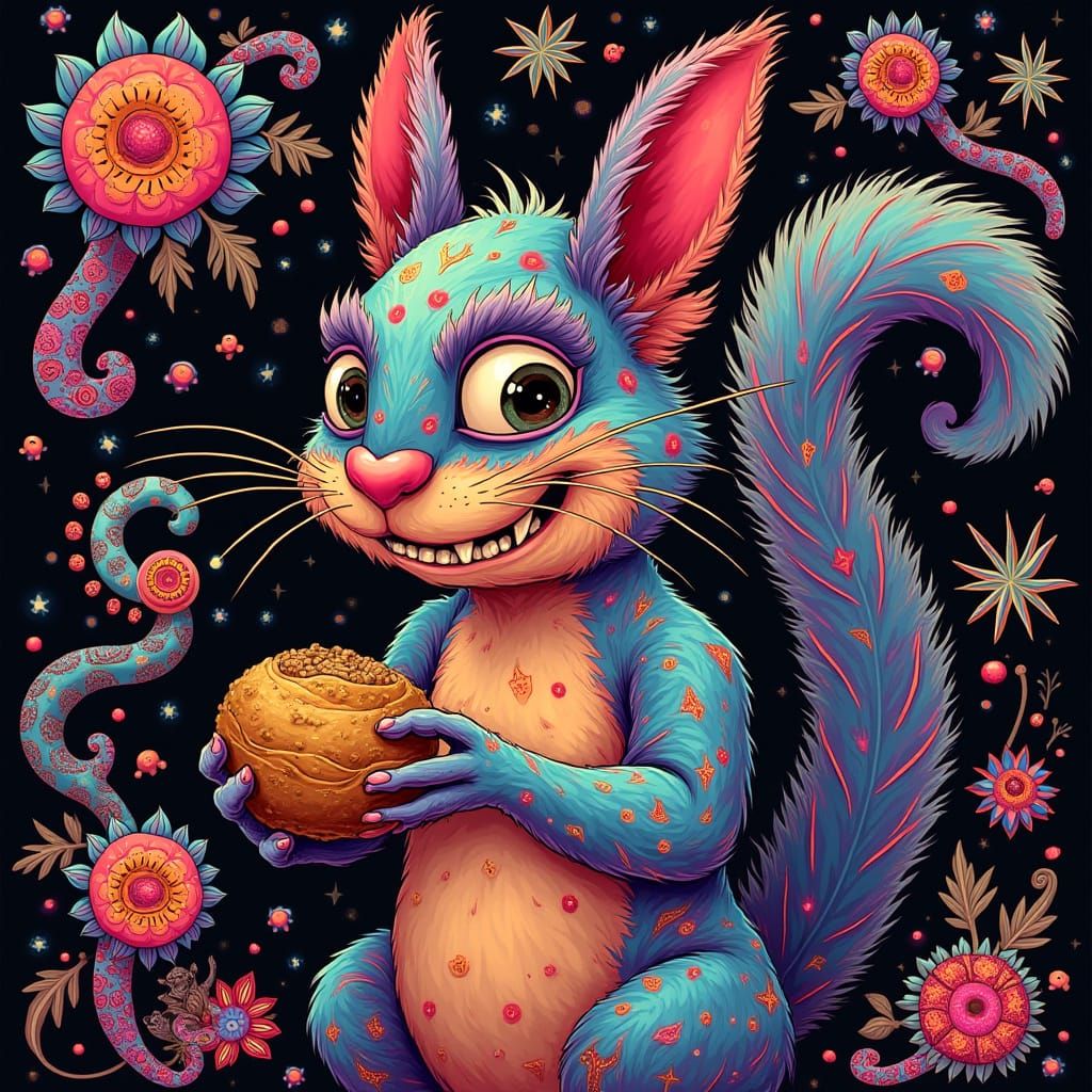 Psychedelic Squirrel with Nut in Black Velvet Style