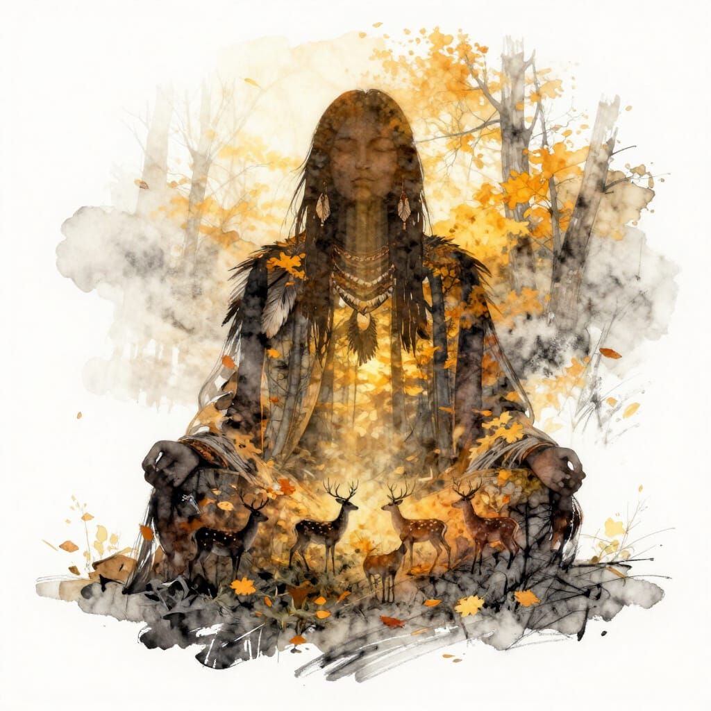 Native Spirit Guide in Autumn Forest Double Exposure